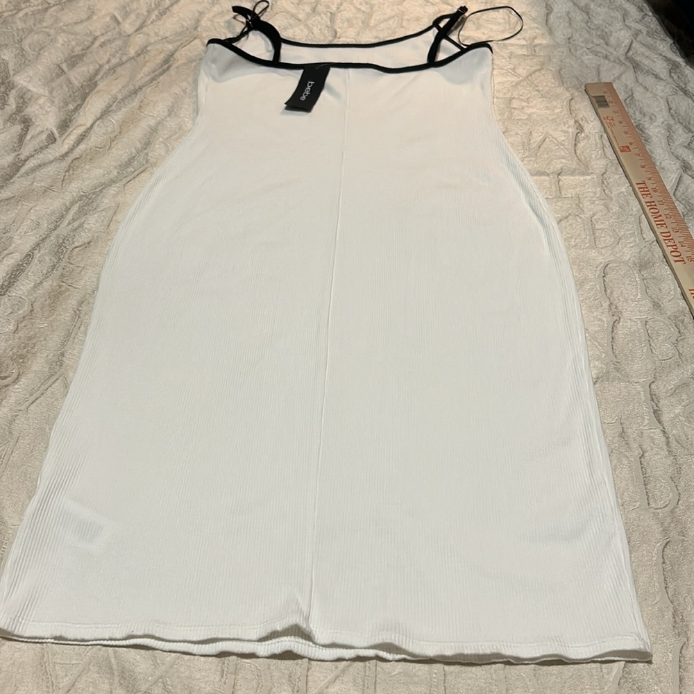 Bebe White Spaghetti Strap Rib Midi Dress with Black Trim L NWT